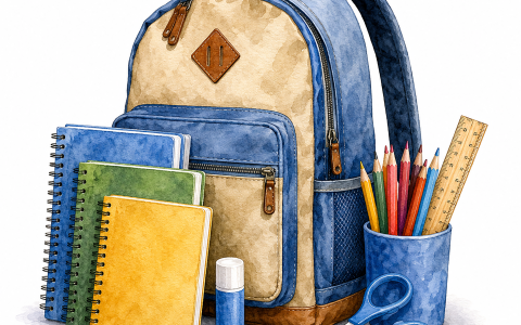 Illustration: Schulrucksack, Notizbücher, Stifte und Schere mit Uhu.